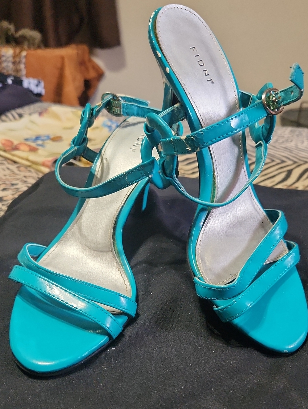 FIONI Teal Patent Strappy High-Heel Sandals